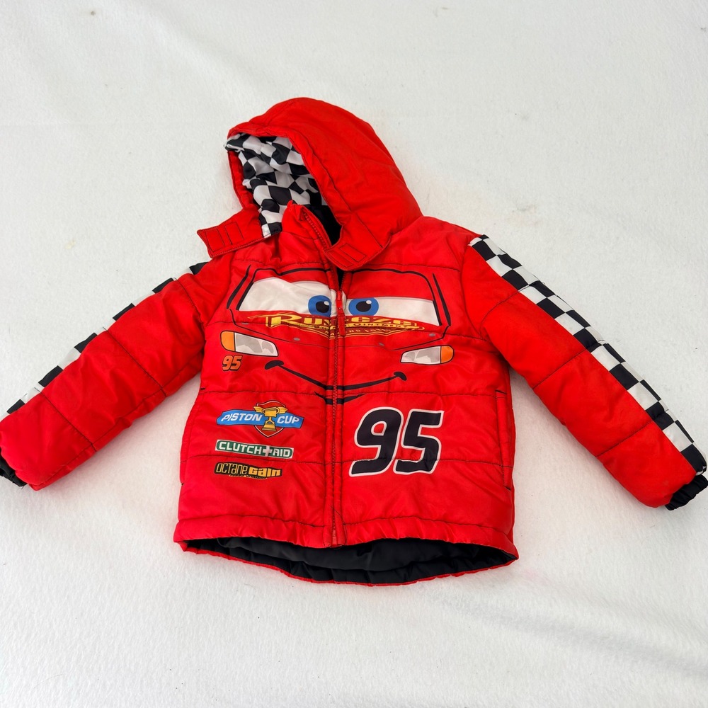 Disney Pixar Cars Lightning McQueen Red Puffer Jacket Hooded Kids 4T Racing Coat